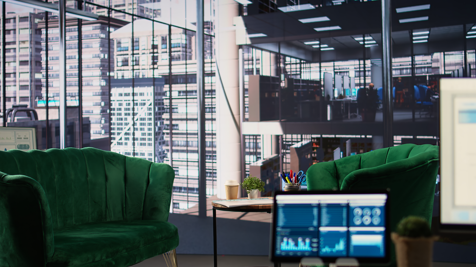 Illustration of an empty modern boardroom with tables, chairs and glass walls